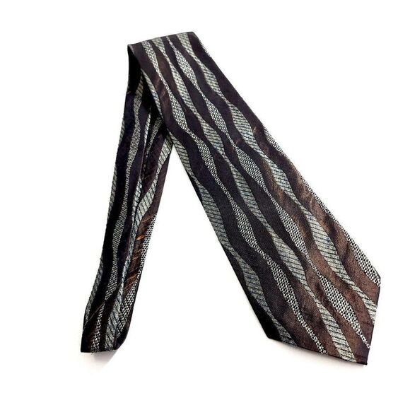 Daniel Craig Brown Gray Metallic Woven Abstract Wide Silk Tie Italy - Picture 5 of 5